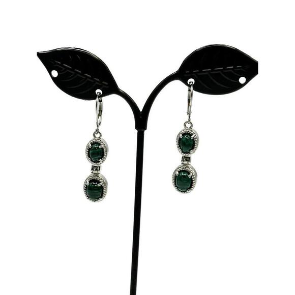 Green Malachite Double Drop Earrings with Silver Tone Setting - Picture 2 of 2
